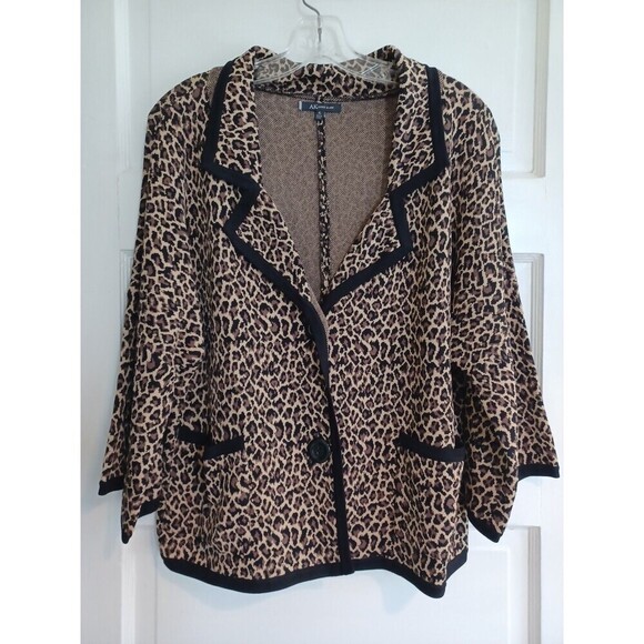 Anne Klein AK leopard print cardigan sweater XL pockets trendy classic swacket - Picture 1 of 8